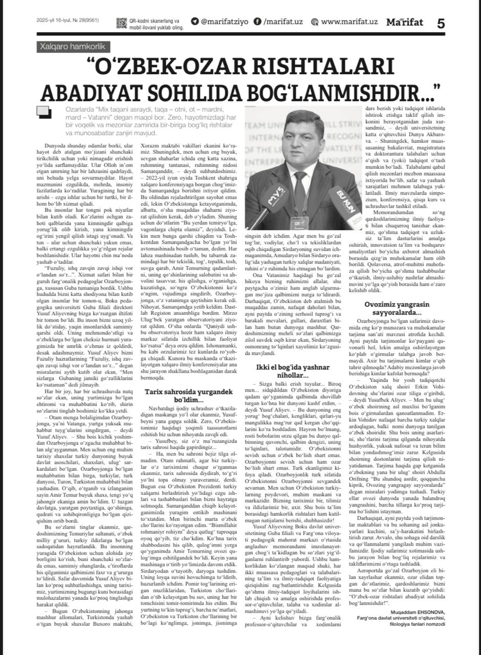 “O‘ZBEK-OZAR RISHTALARI ABADIYAT SOHILIDA BOG‘LANMISHDIR...”